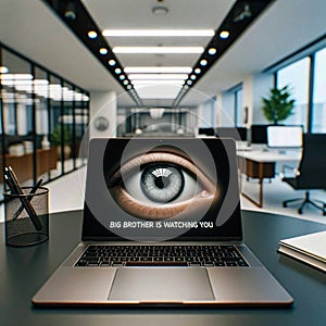 Big Brother Surveillance - Orwellian Laptop Screen with Eye. Generative AI