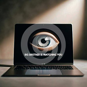 Big Brother Surveillance - Orwellian Laptop Screen with Eye. Generative AI