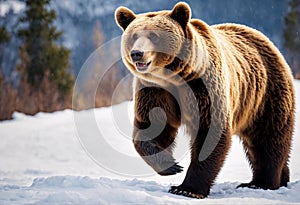 Big brown bear walking in the winter forest. Ranging or insomniac travelling bear