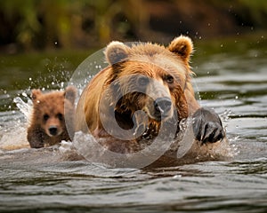 Big brown mother bear and her adorable cub in the natural habitat. Wild animals crossing the river. Generative AI