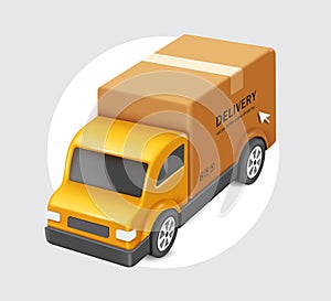 big brown parcel box or cardboard box place on yellow truck and all display on white circle