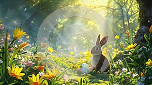Big brown rabbit looking at colorful easter egg in imagination forest. AIG42.