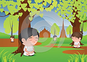 Big bubble head man and woman cartoon meditation under tree in f