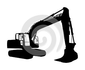 Big bulldozer loader vector silhouette isolated on white background. Dusty digger silhouette illustration. Excavator dozer.