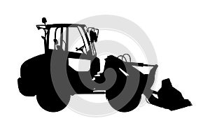 Big bulldozer loader vector silhouette isolated on white background. Dusty digger silhouette illustration. Excavator dozer.