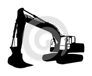 Big bulldozer loader vector silhouette isolated on white background. Dusty digger silhouette illustration. Excavator dozer.