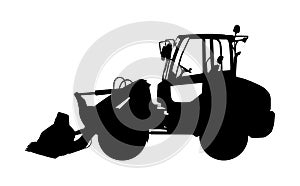 Big bulldozer loader vector silhouette isolated on white background. Dusty digger silhouette illustration. Excavator dozer.