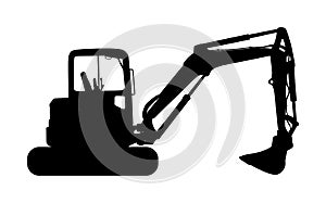 Big bulldozer loader vector silhouette isolated on white background. Dusty digger silhouette illustration. Excavator dozer.