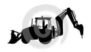 Big bulldozer loader vector silhouette isolated on white background. Dusty digger silhouette illustration. Excavator dozer.