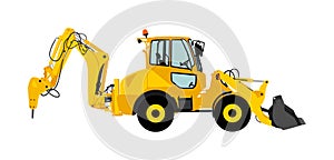 Big bulldozer wheel loader vector illustration isolated on white. Dusty digger