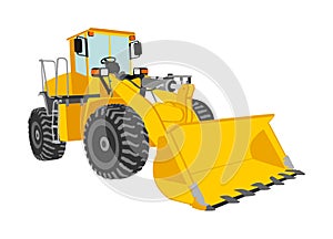 Big bulldozer wheel loader vector illustration isolated on white. Dusty digger