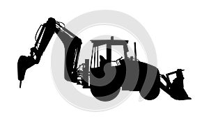 Big bulldozer wheel loader vector silhouette isolated on white. Dusty digger.