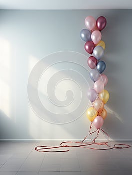 Big bunch of colorful party balloons floating against blue wall. Room full of sunlight. Joyful festive background. Generative AI