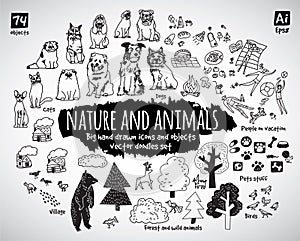 Big bundle animal and nature doodles icons objects.