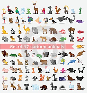 Big bundle of funny domestic and wild animals, marine mammals, reptiles, birds and fish. Collection of cute cartoon