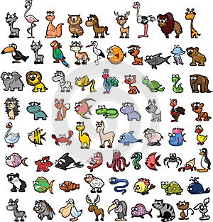 Big bundle of funny domestic and wild animals, marine mammals, reptiles, birds and fish. Collection of cute cartoon