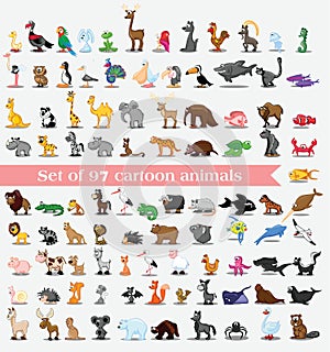 Big bundle of funny domestic and wild animals, marine mammals, reptiles, birds and fish. Collection of cute cartoon