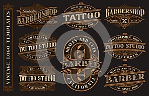 Big bundle of vintage logo templates for the tattoo studio and barbershop