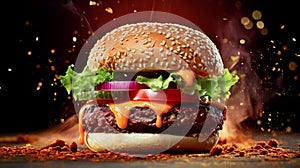 Big burger close up. hamburger with beef meat bun with salad, cheese and sauce juicy and appetizing. Generative Ai