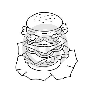 Big burger. Fast food. Line icon. Editable outline stroke. Vector illustration.