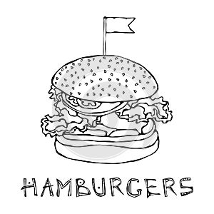 Big Burger with Flag. Hamburger Lettering. Isolated On a White Background. Realistic Doodle Cartoon Style Hand Drawn