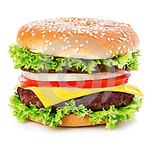 Big burger, hamburger, cheeseburger close-up isolated on a white background