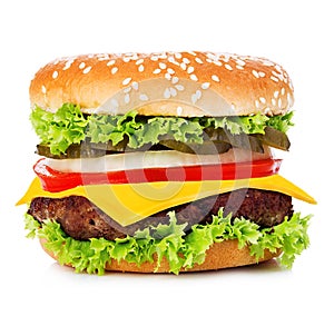 Big burger, hamburger, cheeseburger close-up on a white background