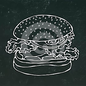 Big Burger , Hamburger or Cheeseburger.Isolated on a Black Chalkboard Background. Realistic Doodle Cartoon Style Hand