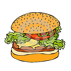 Big Burger , Hamburger or Cheeseburger. Isolated On a White Background. Realistic Doodle Cartoon Style Hand Drawn Sketch Vector Il