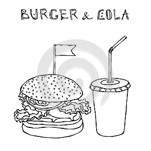 Big Burger, Hamburger or Cheeseburger and Soft Drink Soda or Cola. Fast food takeout icon. Takeaway food sign. Vector