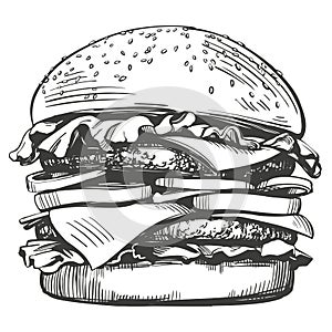 Big burger, hamburger hand drawn vector illustration sketch retro style photo