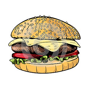 Big burger, hamburger hand drawn vector illustration sketch retro style