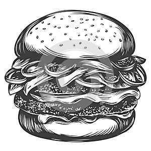 big burger, hamburger hand drawn vector illustration sketch retro style