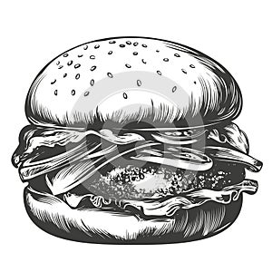 big burger, hamburger hand drawn vector illustration sketch retro style