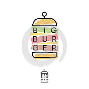 Big Burger logo. Burger restaurant emblem like applique. Linear flat logo with color elements cut out.