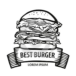 Big burger logo with ribbon. Hand-drawn burger hot dish. delicious sandwich line vector stock illustration. concept for