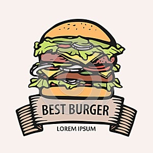 Big burger logo with ribbon. Hand-drawn burger hot dish. delicious sandwich line vector stock illustration. concept for