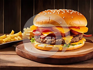 big burger on a wooden table