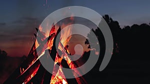 Big Burning Campfire at Summer Morning - Slow Motion