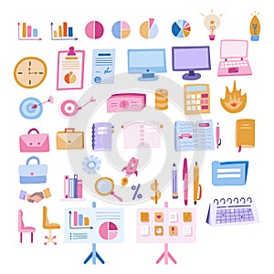 Big business set with colorful hand drawn cliparts in cartoon style. Vector illustrations isolated on background. Briefcases.