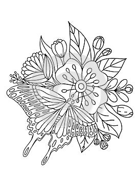 Big butterfly, bouquet, flowers, spring, field, butterfly on flowers. Black and white vector illustration, coloring book