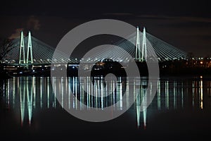 Cable-stayed bridge of St. Petersburg illuminated at night