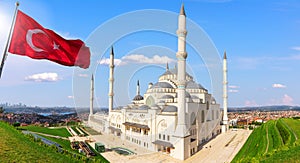 Big Camlica Mosque and the Turkish flag, Istanbul, Turkey