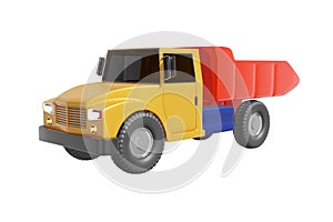 Big car dump truck with a body cartoon style realistic design yellow, red, blue color. Kids toy isolated white background.