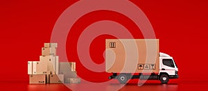 Big cardboard box package on a white truck ready to be delivered on red background