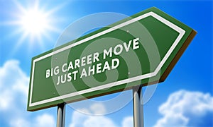 Big Career Move Green Road Sign with Dramatic Clouds, Sun Rays and Sky