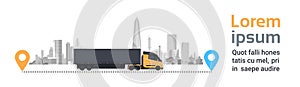 Big Cargo Truck Over Silhouette City Background On Delivery Route Fast Logistics Transportation Concept Horizontal