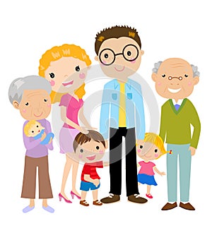 Big cartoon family with parents, children and gran