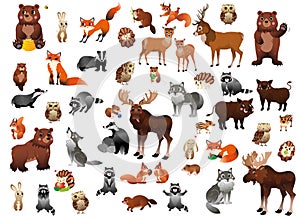 Big cartoon forest animals vector set for children. Mega collection of animals in different postures for kids. Isolated on white
