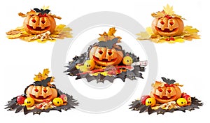 Big Carved Jack-o-Lantern Pumpkin Isolated on White, halloween concept, set